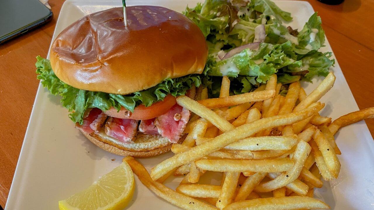 Burger and fries at Cafe Mambo, places to eat in Paia