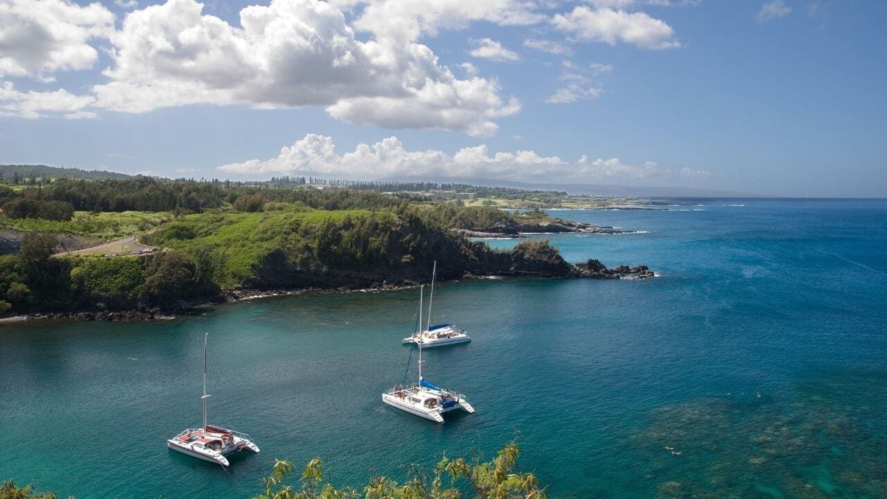 Boats anchored at Honolua Bay on maui