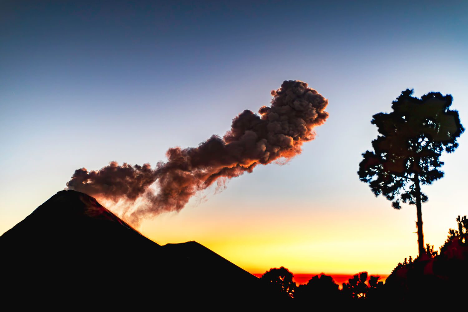 Fuego Volcano erupting at sunset