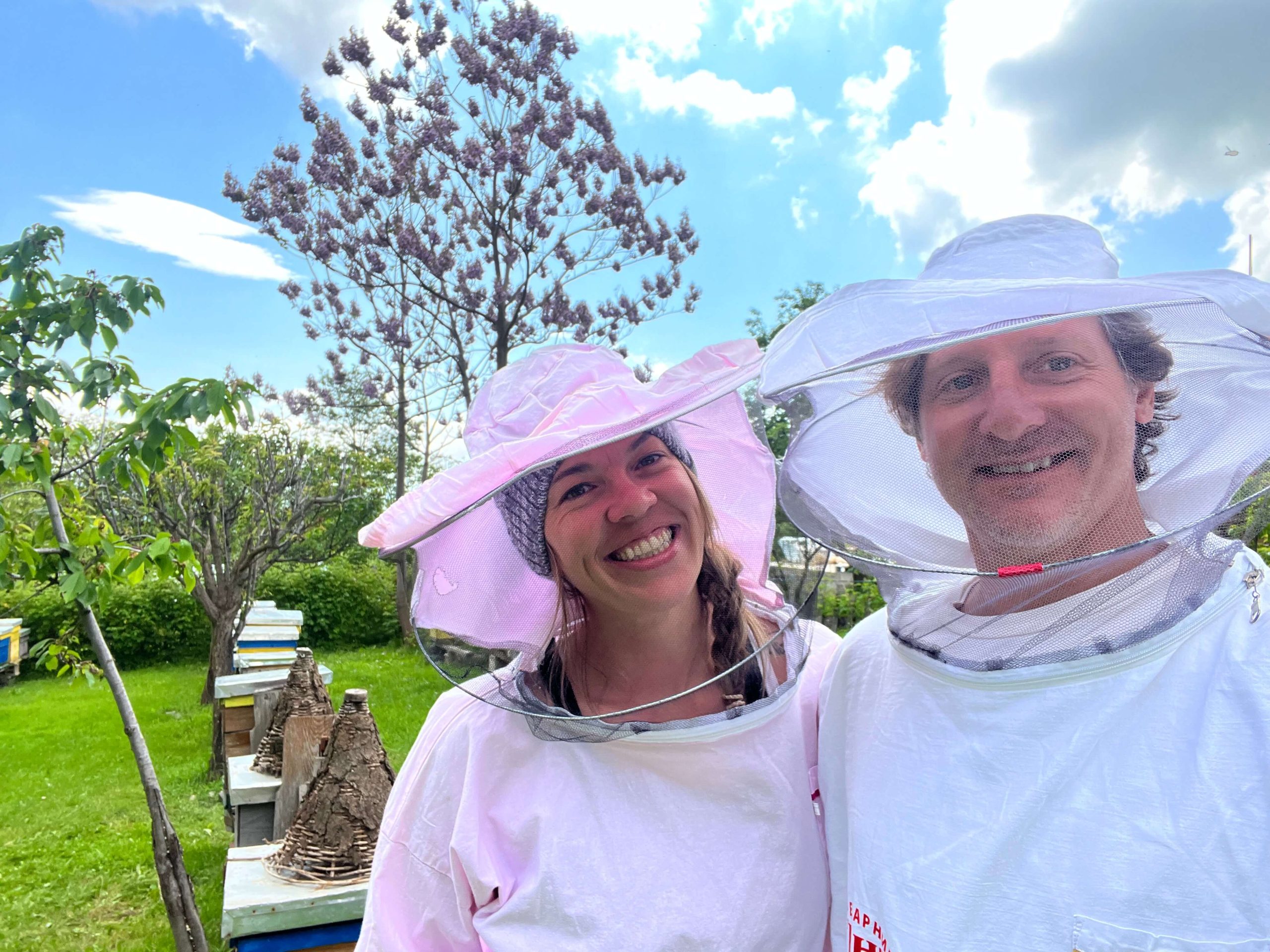 Jess and Joe at a honeybee farm in Macedonia 